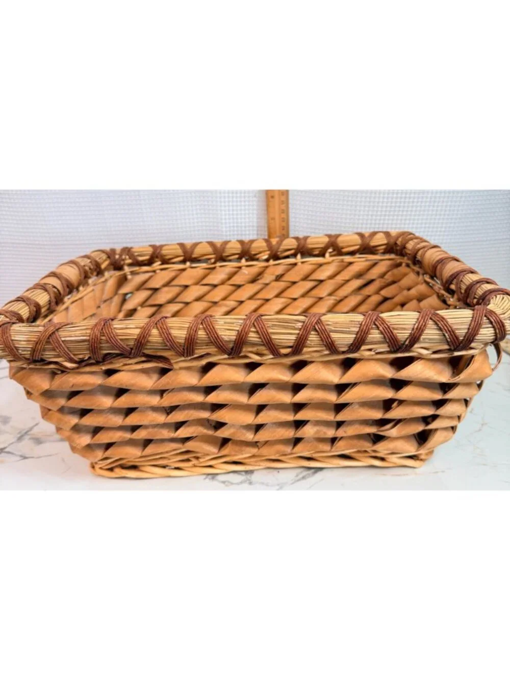 Vintage Hand woven Splint Basket with Intricate Curly Weave.